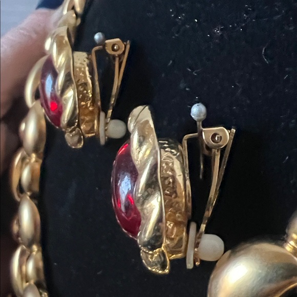 Gold Necklace and Red Stone Clip-On Earring Set 8” Drop - Picture 6 of 8